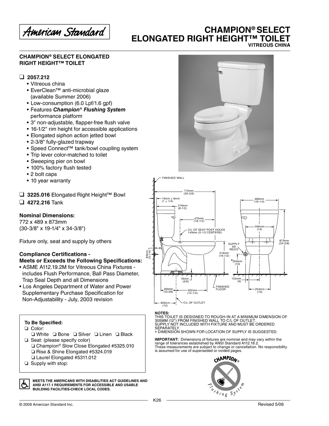 American Standard 2057.212 dimensions Champion Select Elongated Right Height Toilet, Tank Nominal Dimensions 