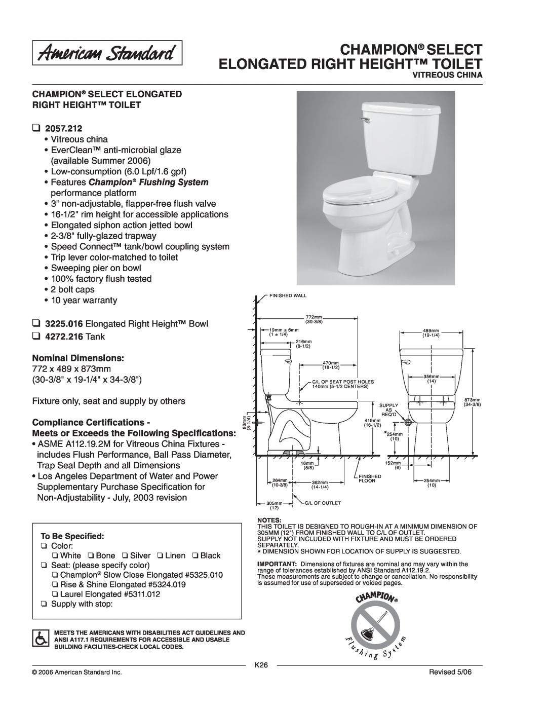 American Standard 2057.212 dimensions Champion Select Elongated Right Height Toilet, Tank Nominal Dimensions 
