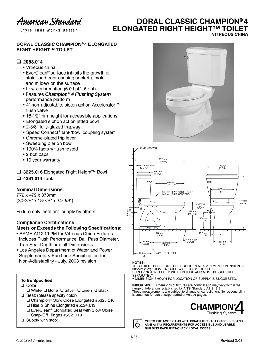 American Standard 2058.014 dimensions Doral Classic Champion 4 Elongated Right Height Toilet, Tank Nominal Dimensions 