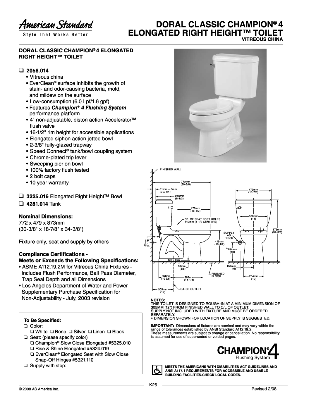 American Standard 2058.014 dimensions Tank Nominal Dimensions, Compliance Certifications 