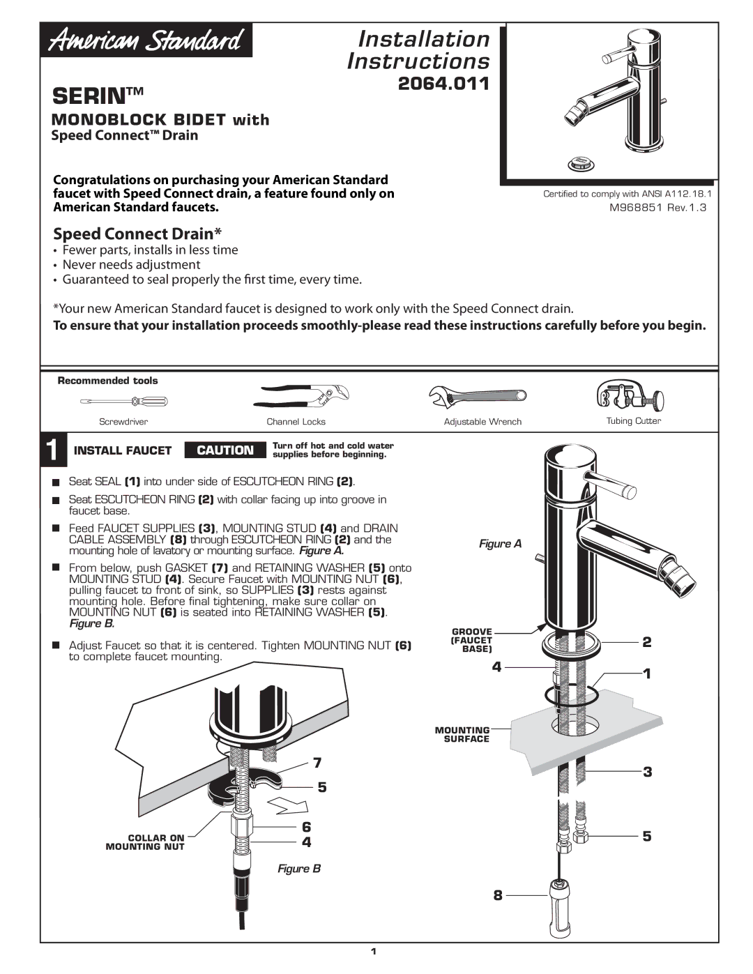 American Standard 2064.011 installation instructions Monoblock Bidet with Speed Connect Drain, Install Faucet 