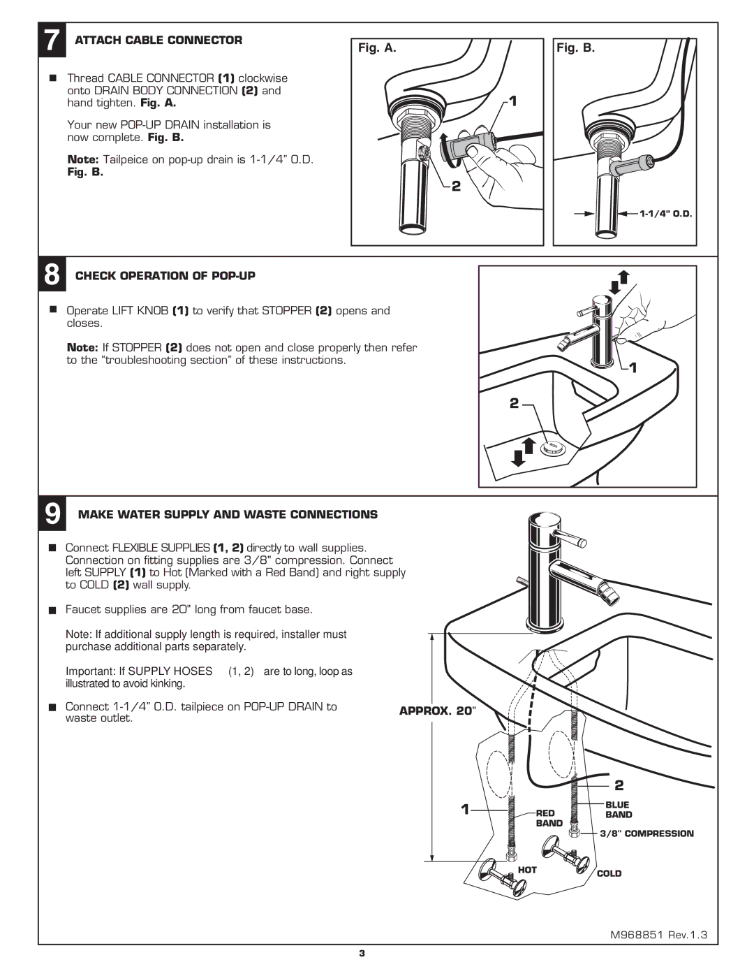 American Standard 2064.011 Attach Cable Connector, Check Operation of POP-UP, Make Water Supply and Waste Connections 