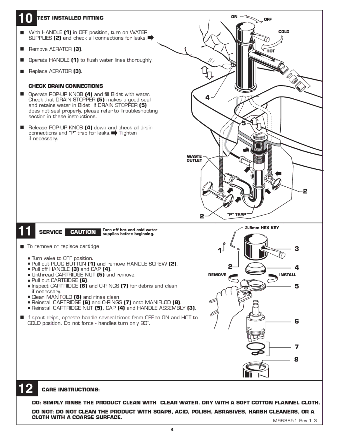 American Standard 2064.011 installation instructions Test Installed Fitting, Check Drain Connections, Service Caution 