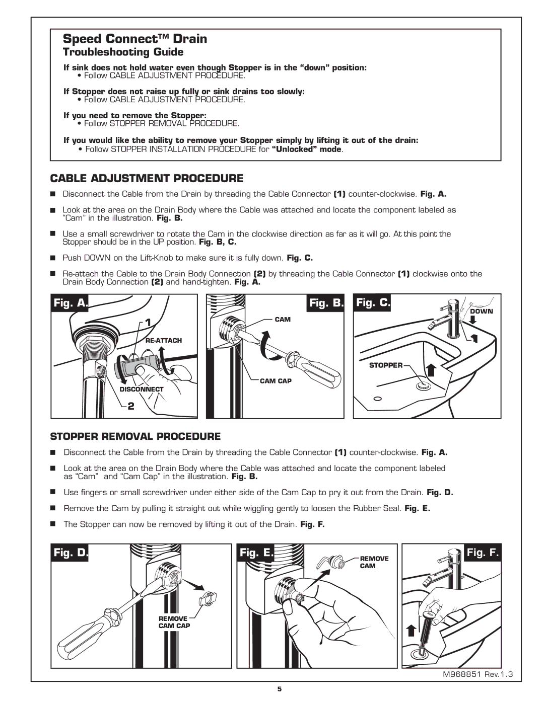 American Standard 2064.011 installation instructions Troubleshooting Guide, Cable Adjustment Procedure 