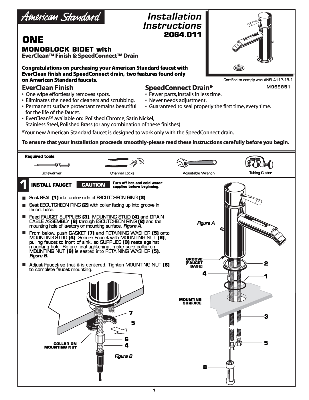 American Standard 2064.011 installation instructions MONOBLOCK BIDET with Speed Connect Drain, Install Faucet, Serin 
