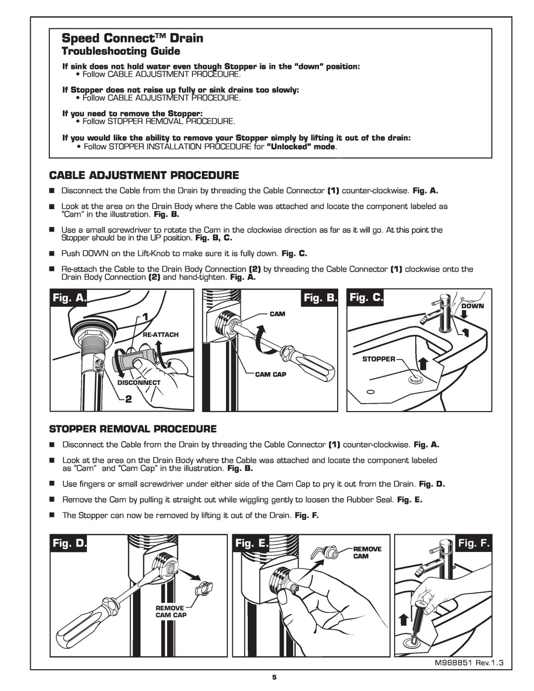 American Standard 2064.011 Troubleshooting Guide, Cable Adjustment Procedure, Fig. A, Fig. B, Fig. C, Fig. D, Fig. E 