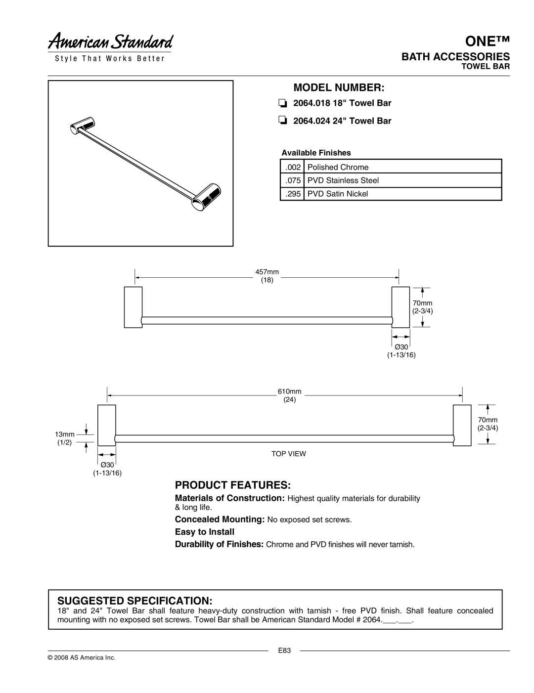 American Standard 2064.024, 2064.018 manual One, Bath Accessories, Model Number, Product Features, Suggested Specification 