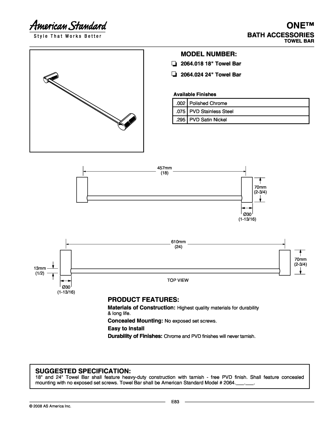 American Standard 2064.024 manual Bath Accessories, Model Number, Product Features, Suggested Specification, Towel Bar 