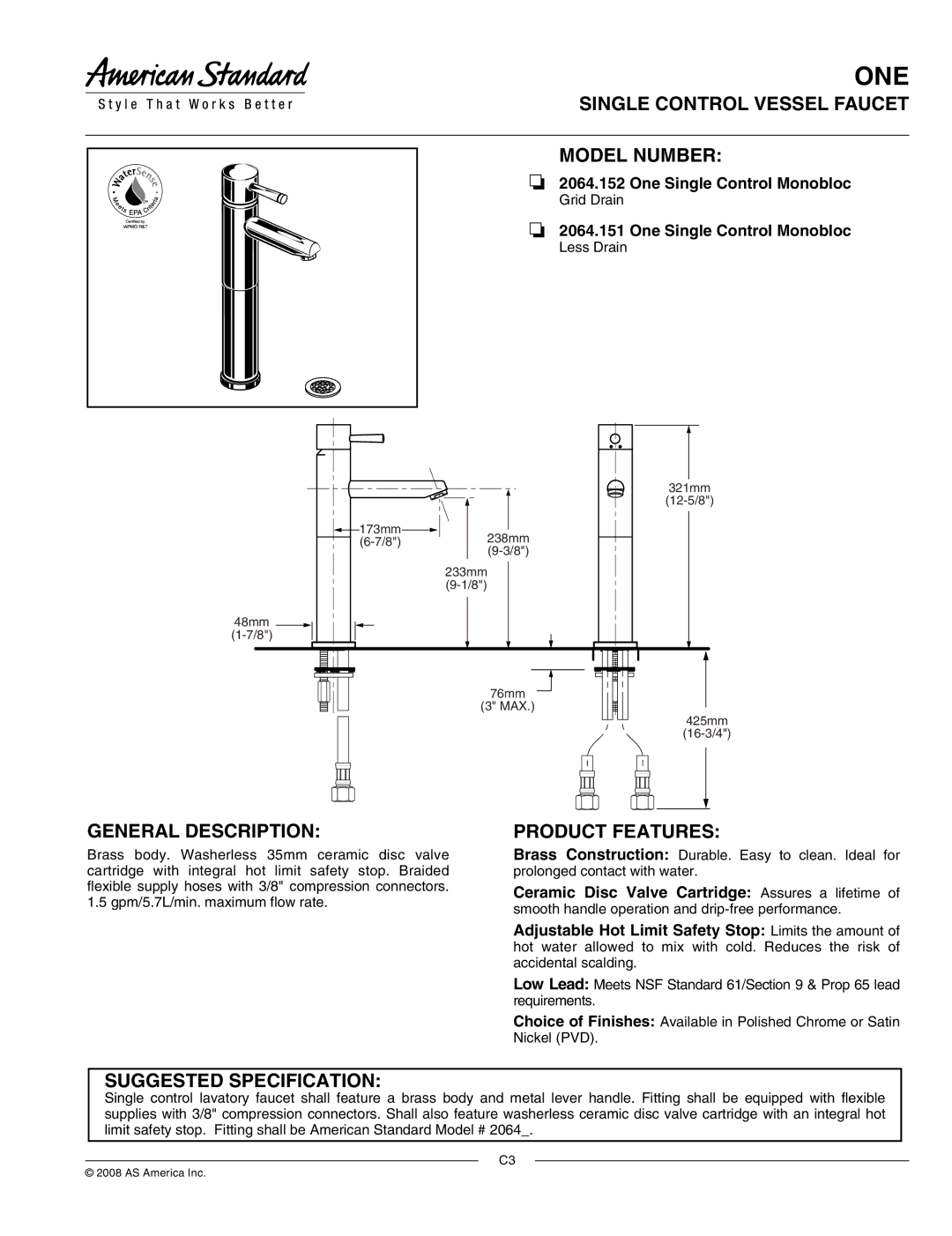 American Standard 2064.152, 2064.151 specifications One, Single Control Vessel Faucet Model Number, General Description 