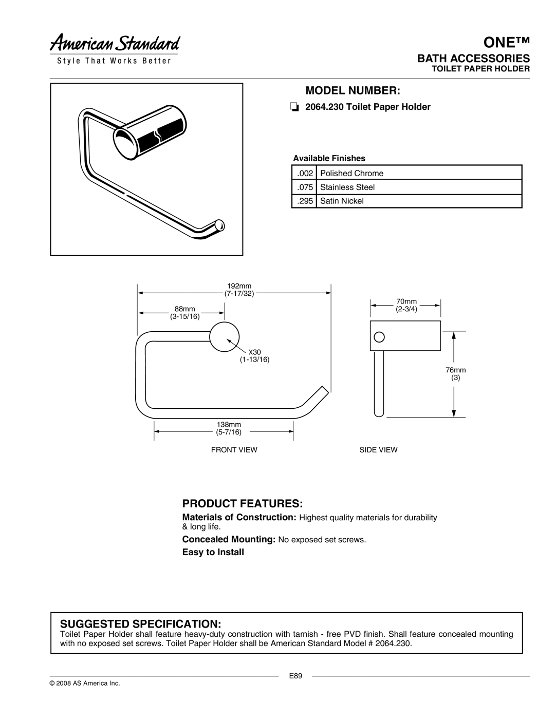 American Standard 2064.230 manual One, Bath Accessories, Model Number, Product Features, Suggested Specification 