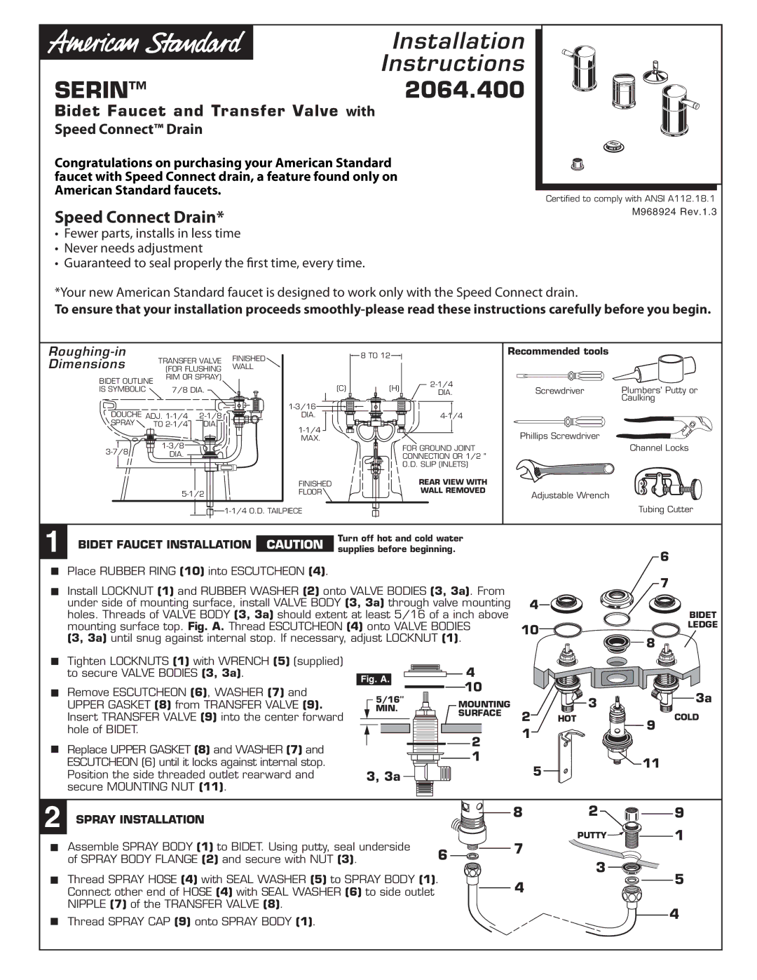 American Standard 2064.4 installation instructions Bidet Faucet and Transfer Valve with Speed Connect Drain 