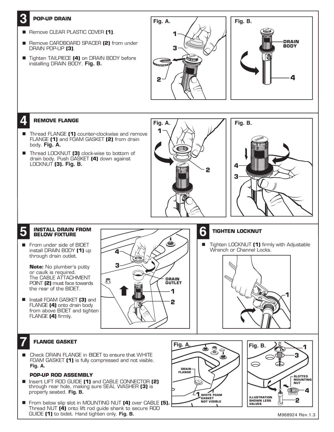 American Standard 2064.4 POP-UP Drain, Remove Flange, Install Drain from Tighten Locknut Below Fixture, Flange Gasket 