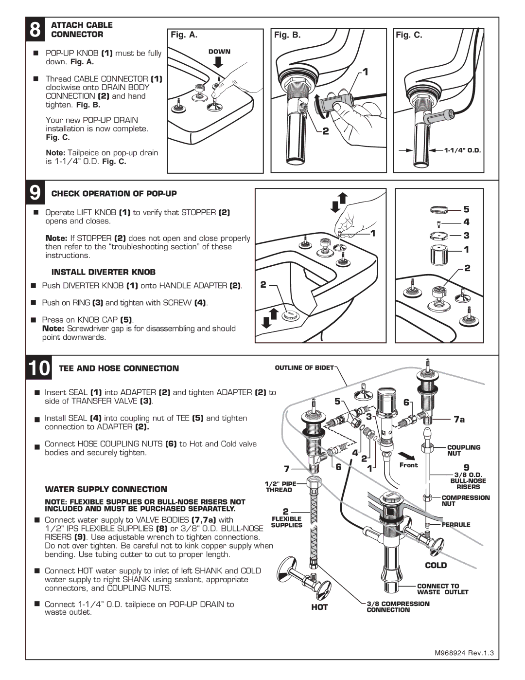 American Standard 2064.4 Attach Cable, Connector, Check Operation of POP-UP, Install Diverter Knob, Cold, Hot 