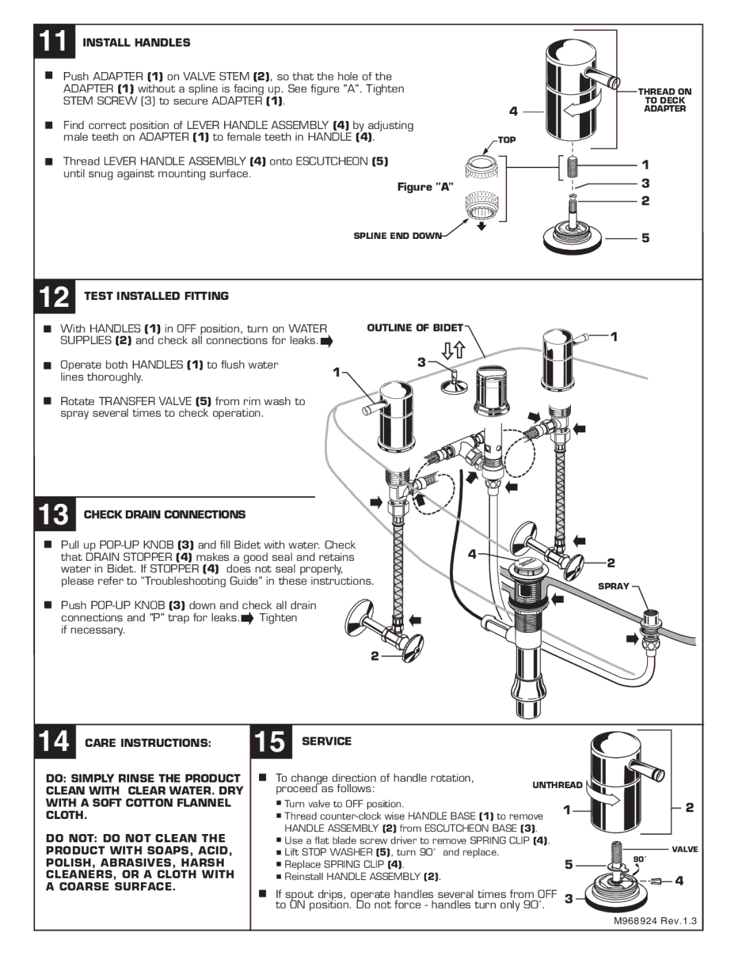 American Standard 2064.4 installation instructions Install Handles, Test Installed Fitting, Check Drain Connections 