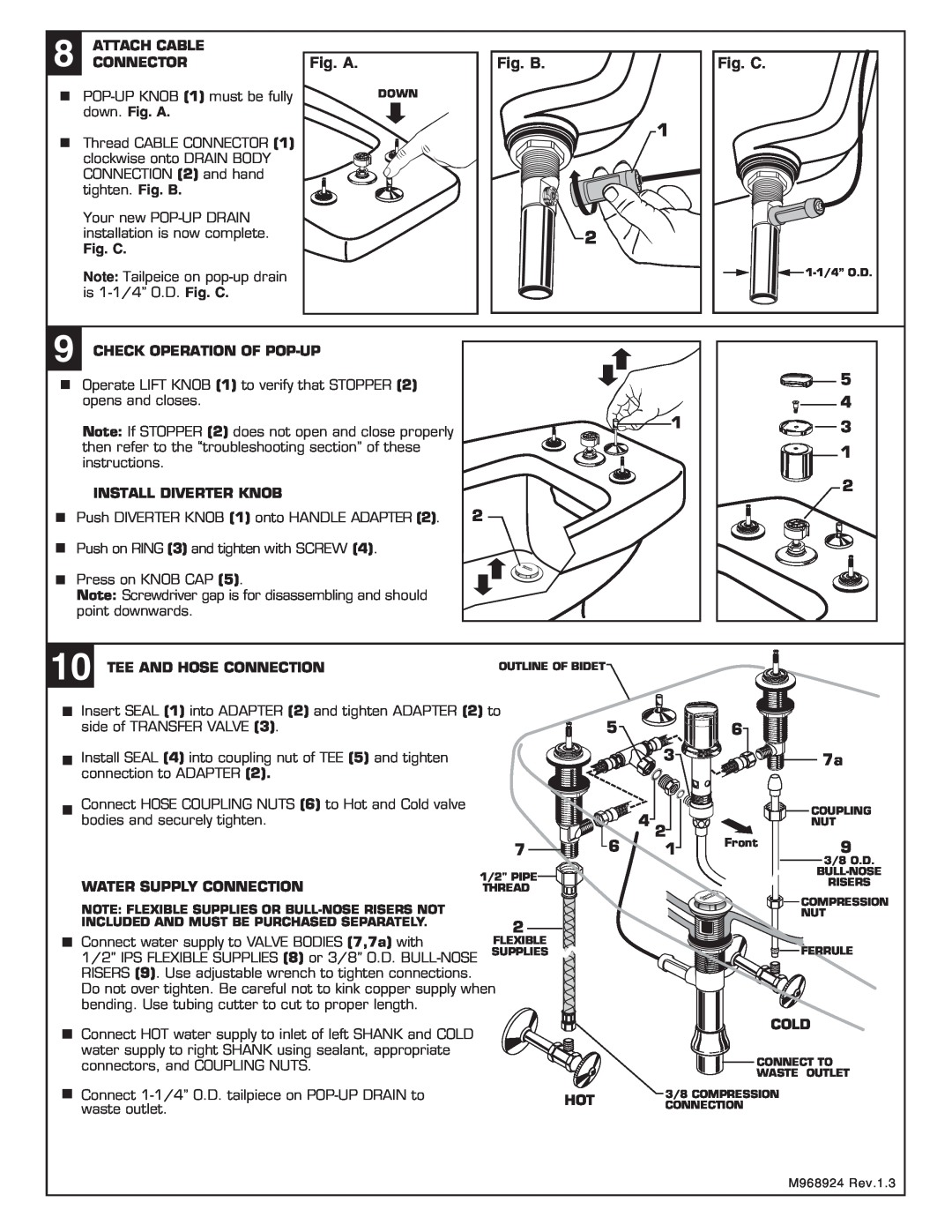 American Standard 2064.4 Fig. C, Attach Cable, Connector, down. Fig. A, Check Operation Of Pop-Up, Install Diverter Knob 