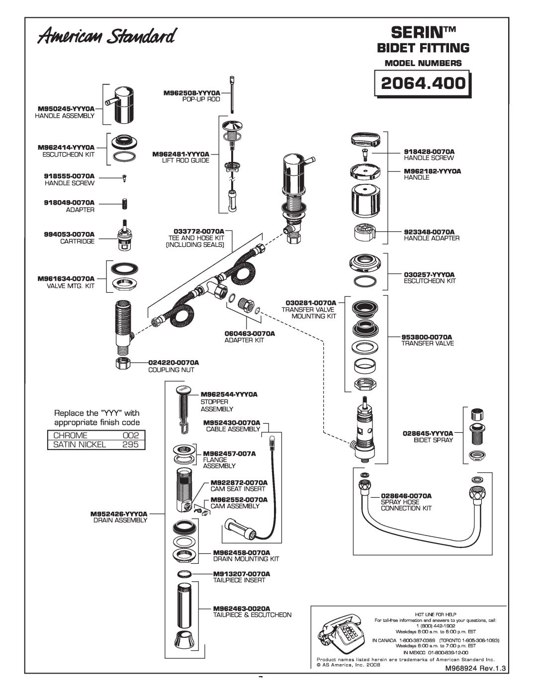 American Standard installation instructions Bidet Fitting, Model Numbers, Serin, 2064.400, M968924 Rev.1.3 
