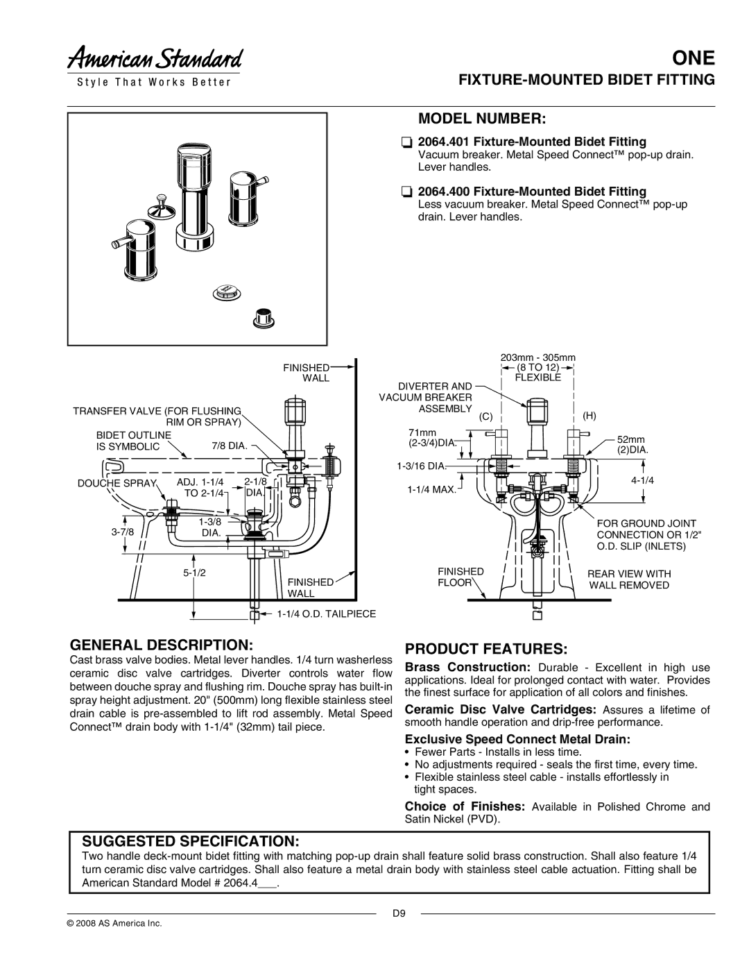 American Standard 2064.401 manual FIXTURE-MOUNTED Bidet Fitting Model Number, General Description, Product Features 