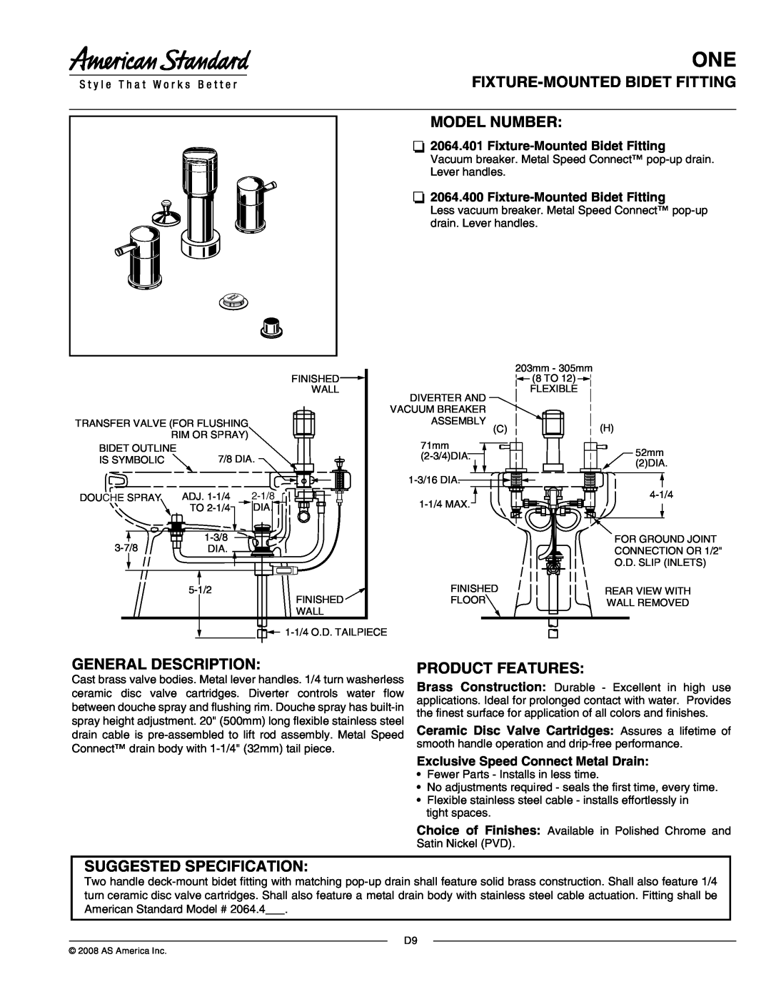 American Standard 2064.401 manual Fixture-Mountedbidet Fitting Model Number, General Description, Product Features 