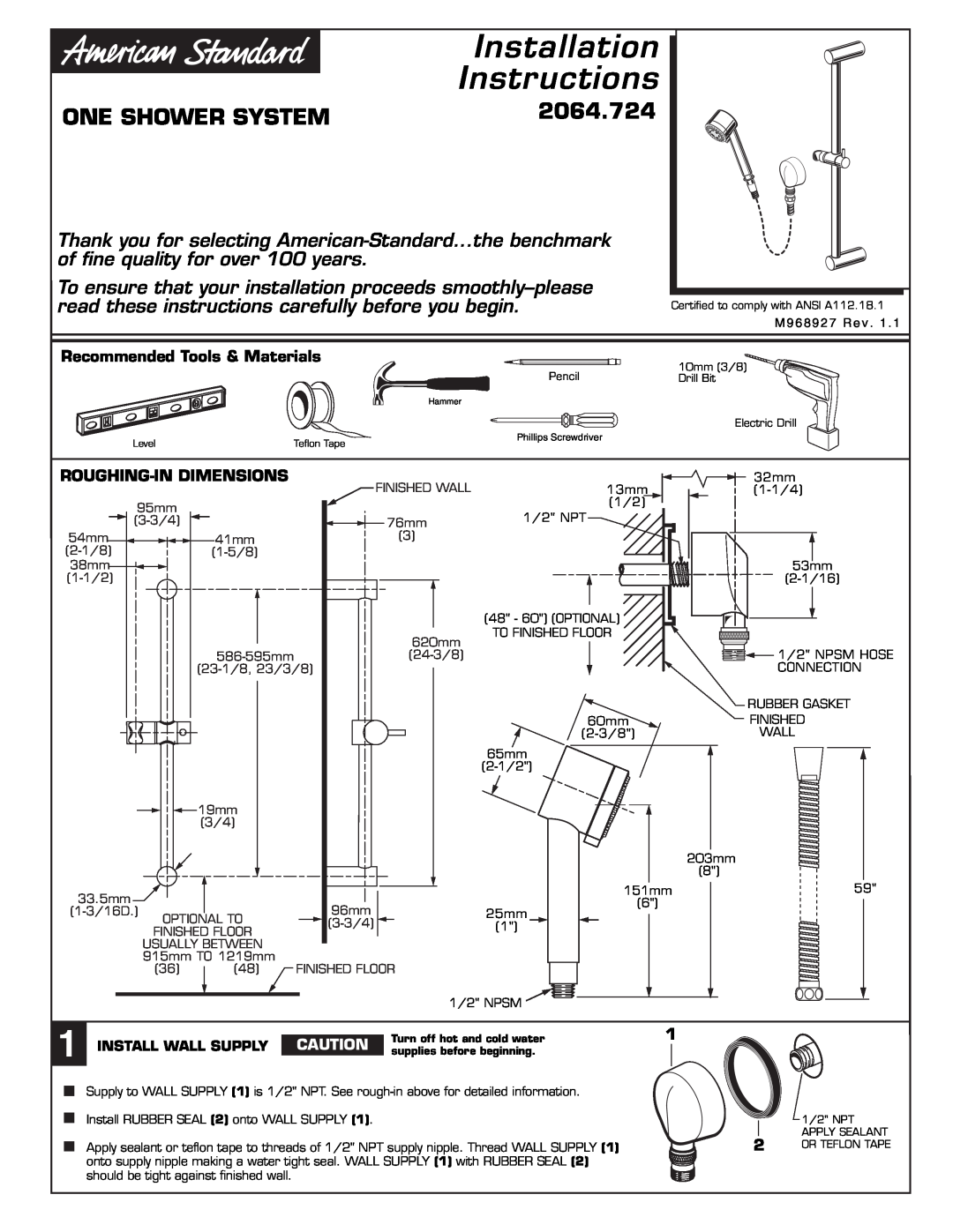 American Standard 2064.724 installation instructions Installation Instructions, One Shower System 