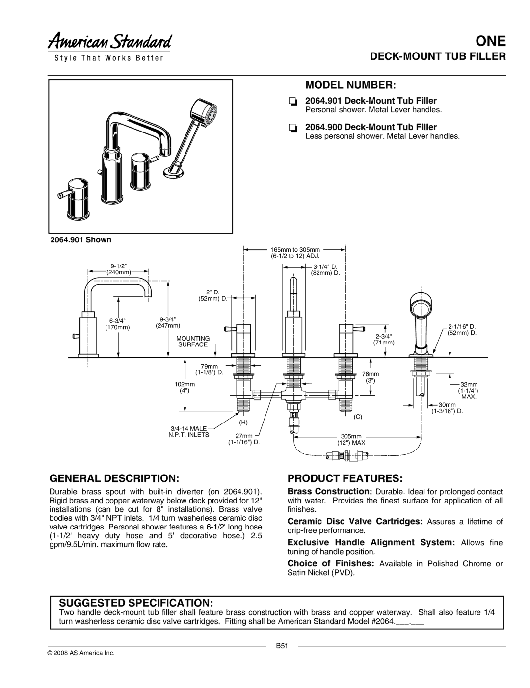 American Standard 2064.900, 2064.901 manual DECK-MOUNT TUB Filler Model Number, General Description, Product Features 