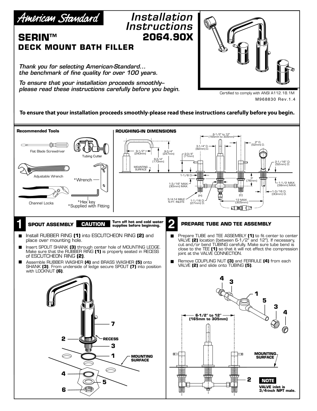 American Standard installation instructions SERIN2064.90X, Spout Assembly, Escutcheon Ring, Recommended Tools 