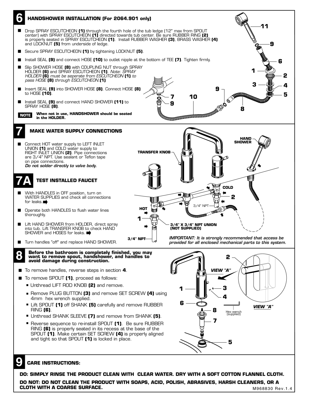 American Standard 2064.90X installation instructions Make Water Supply Connections, 7A Test Installed Faucet, Ring 