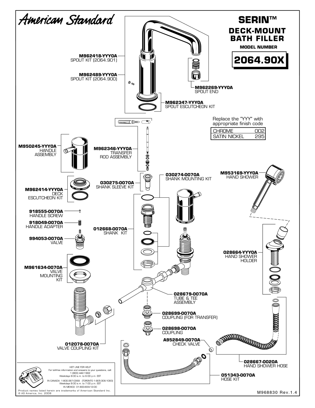 American Standard 2064.90X installation instructions Replace the YYY with appropriate ﬁnish code, 295 