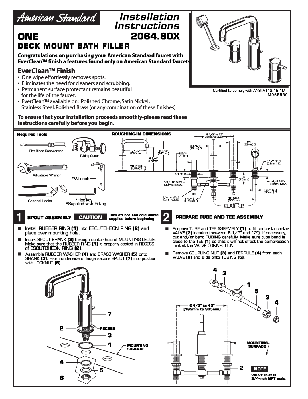 American Standard installation instructions SERIN2064.90X, Deck Mount Bath Filler, Spout Assembly 