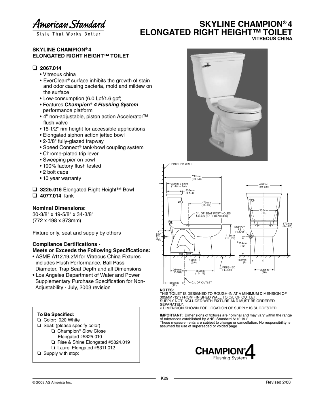 American Standard 2067.014 dimensions Skyline Champion Elongated Right Height Toilet, Tank Nominal Dimensions 