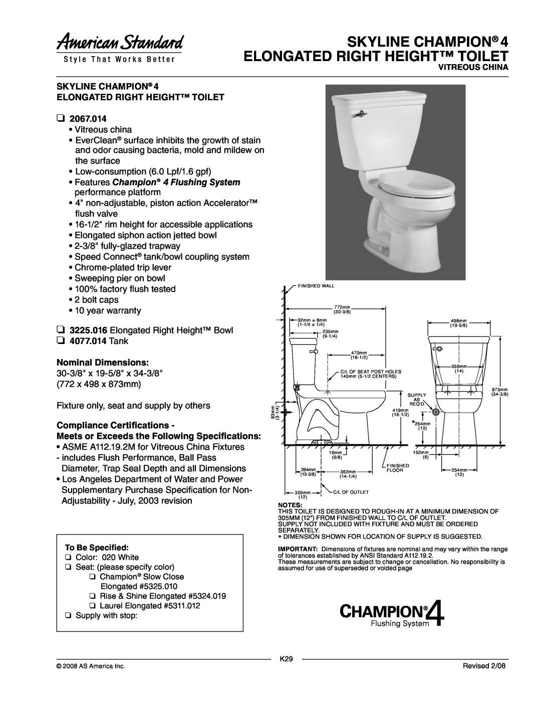 American Standard 2067.014 dimensions Skyline Champion Elongated Right Height Toilet, Tank Nominal Dimensions 