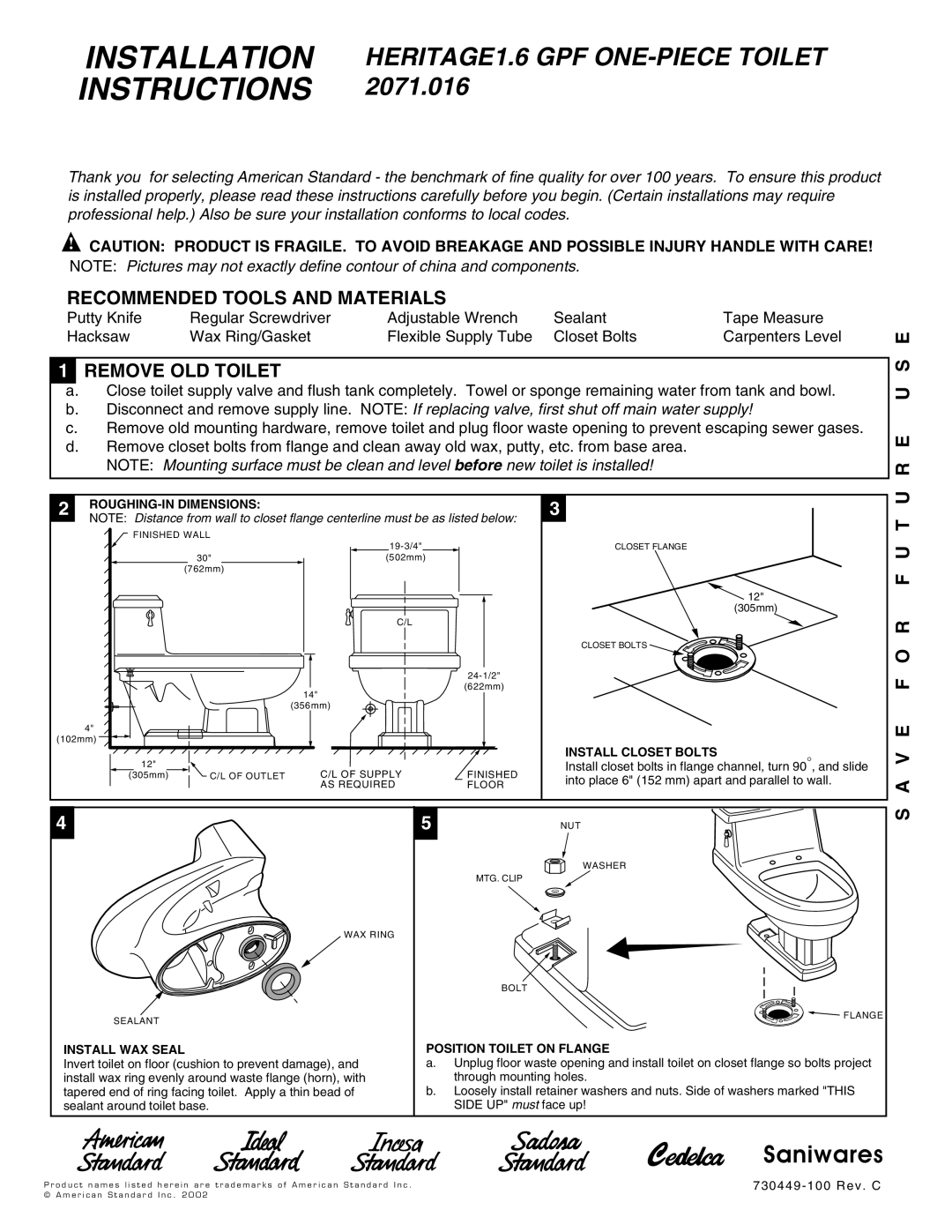 American Standard 2071.016 installation instructions Recommended Tools and Materials, Remove OLD Toilet, E U S E, O R F U 