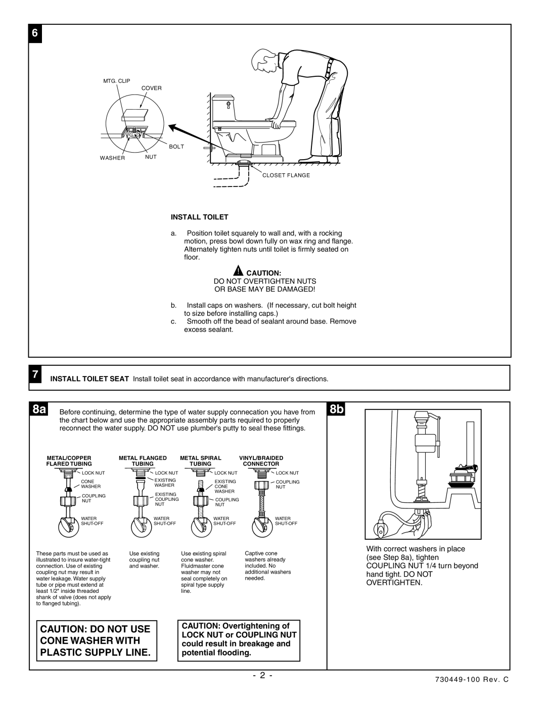 American Standard 2071.016 installation instructions Install Toilet, Do not Overtighten Nuts Or Base MAY be Damaged 