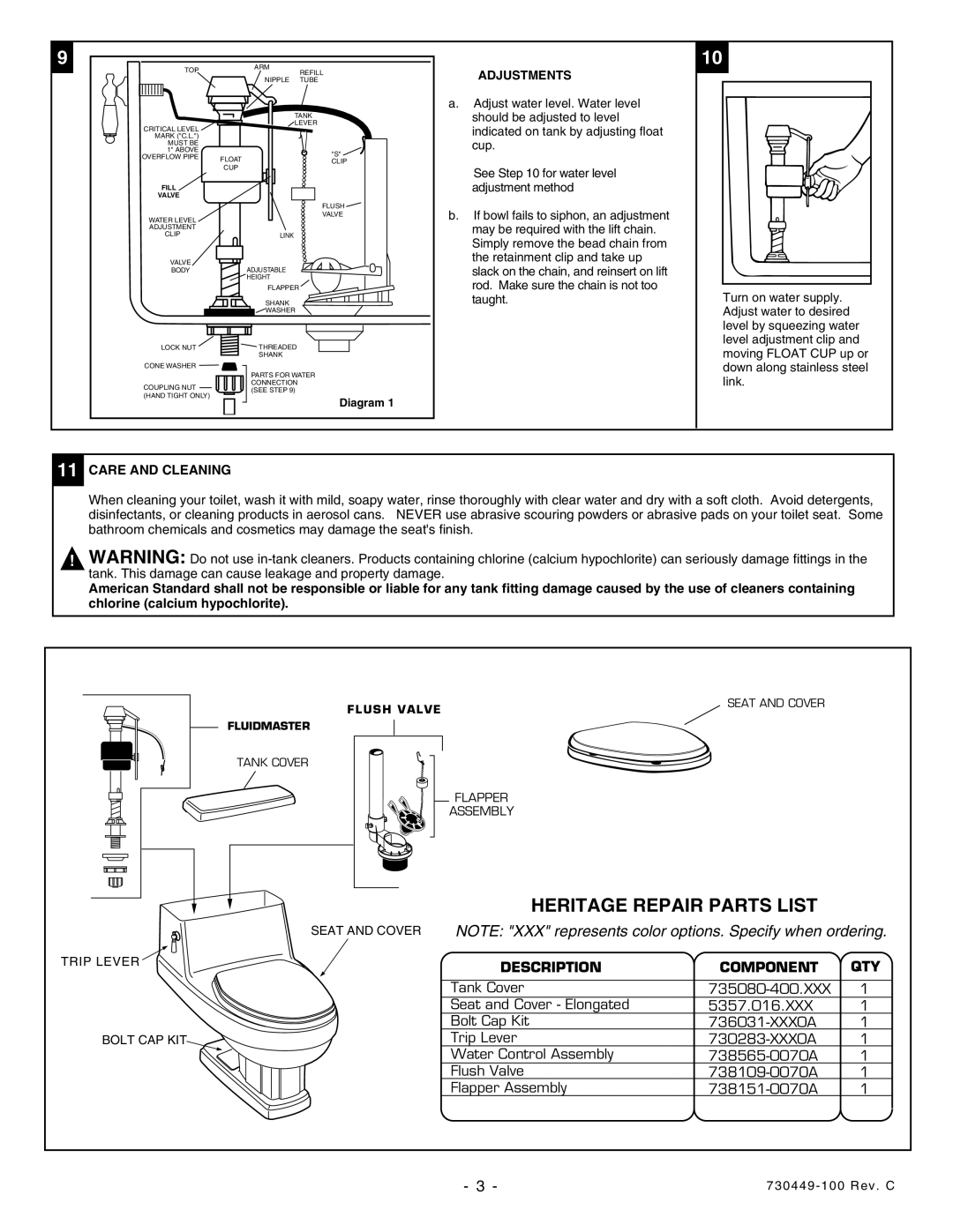 American Standard 2071.016 Heritage Repair Parts List, Adjustments, Care and Cleaning, Trip Lever Bolt CAP KIT 