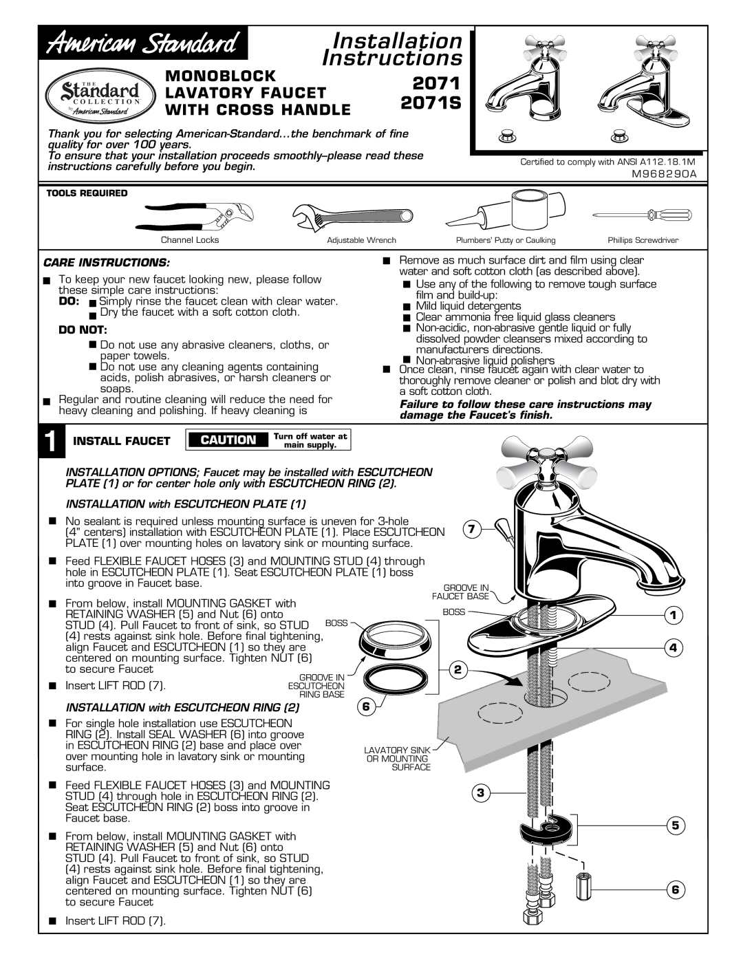 American Standard installation instructions 2071S, Do not, Install Faucet 