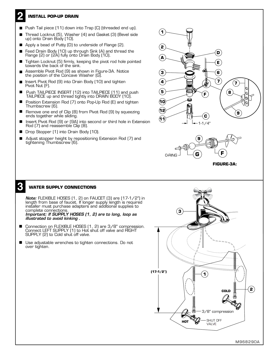 American Standard 2071S installation instructions Install POP-UP Drain, Water Supply Connections 