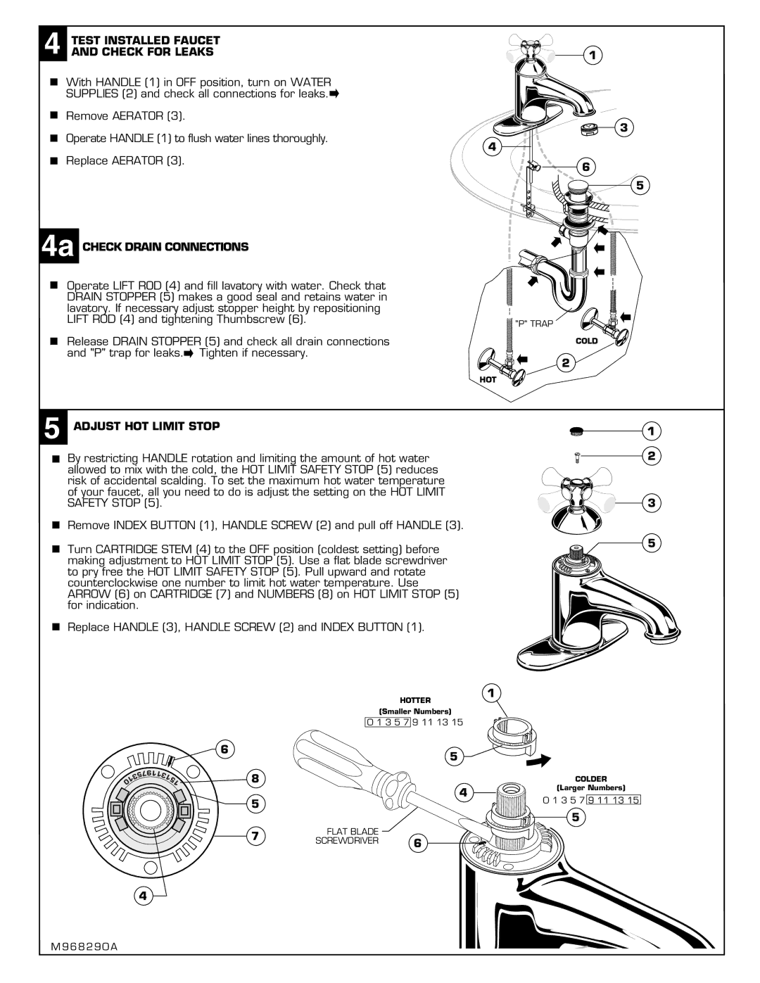 American Standard 2071S installation instructions Test Installed Faucet and Check for Leaks, Adjust HOT Limit Stop 