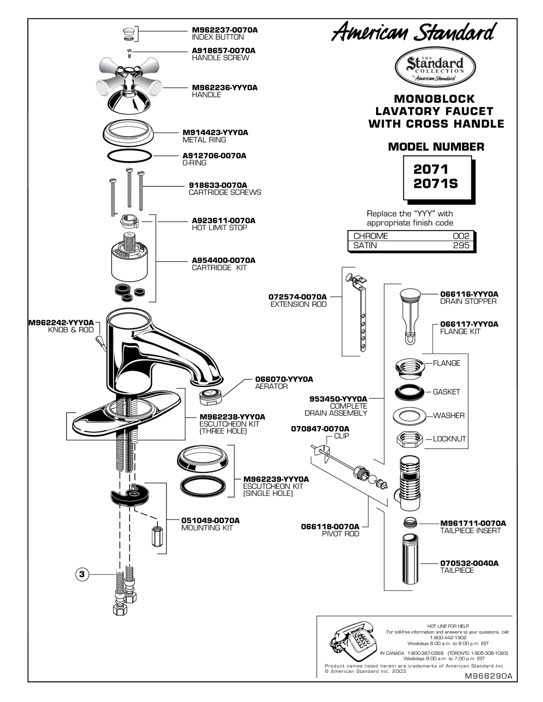 American Standard installation instructions 2071 2071S, Replace the YYY with appropriate finish code, 002, 295 