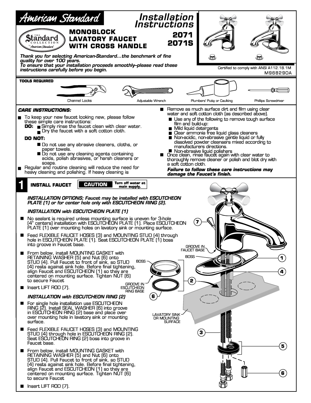 American Standard installation instructions 2071S, Monoblock, Lavatory Faucet, With Cross Handle, Care Instructions 