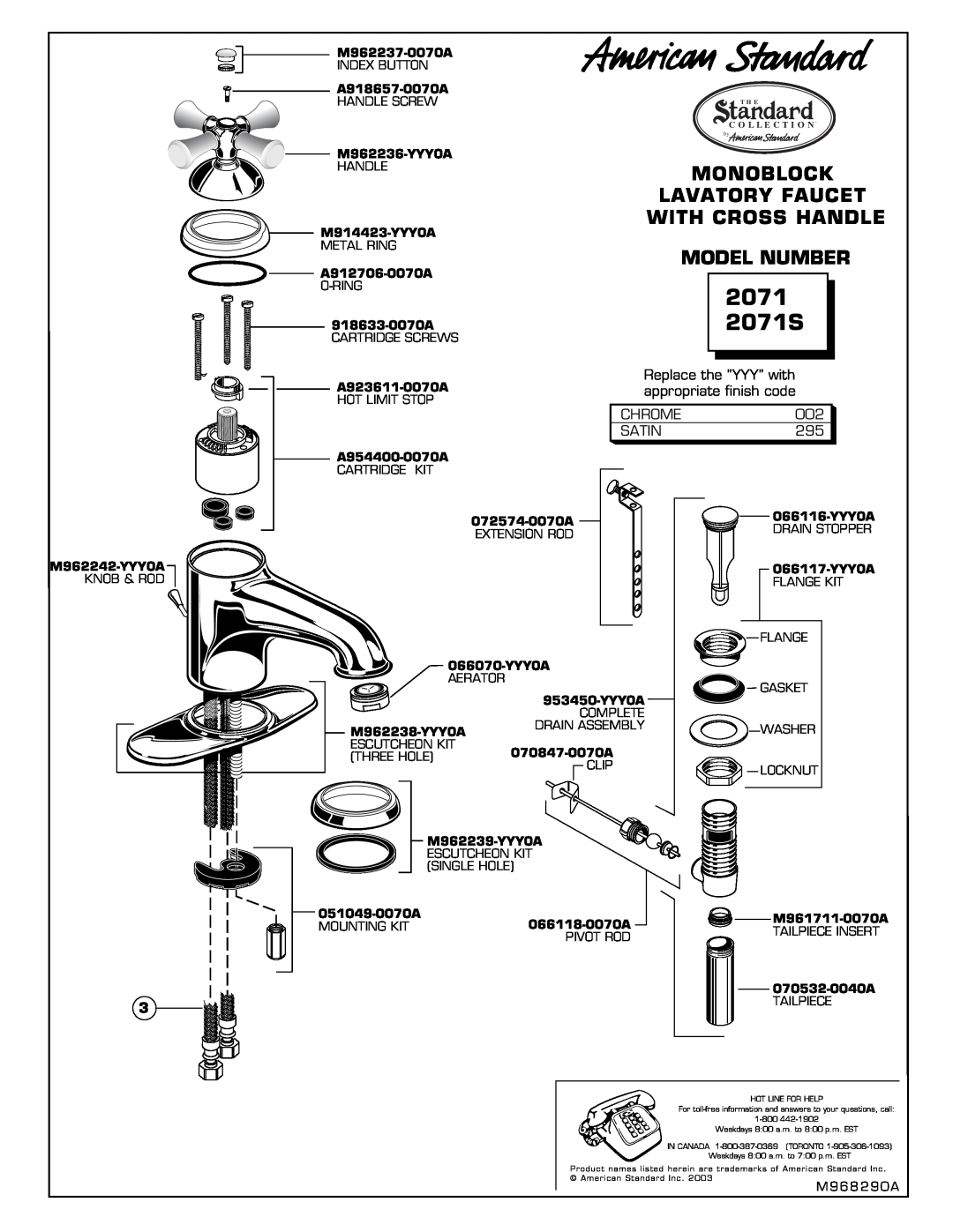 American Standard 2071 2071S, Monoblock Lavatory Faucet With Cross Handle, Model Number, Handle Screw 