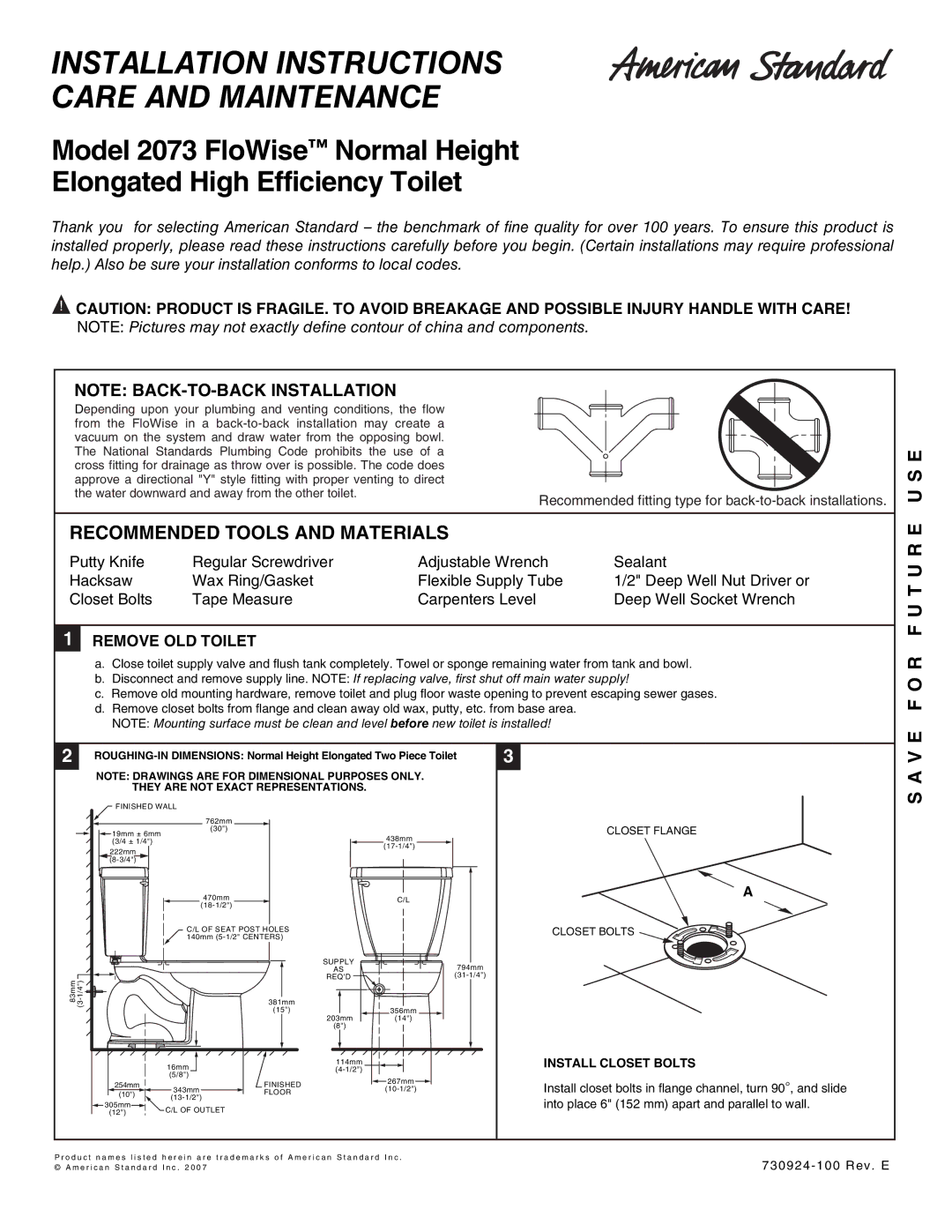 American Standard 2073 installation instructions Remove OLD Toilet, Install Closet Bolts 