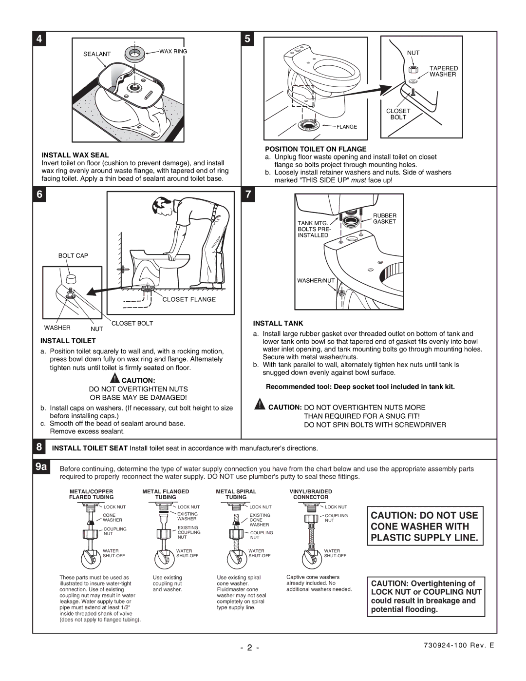 American Standard 2073 installation instructions Install WAX Seal Position Toilet on Flange, Install Tank, Install Toilet 