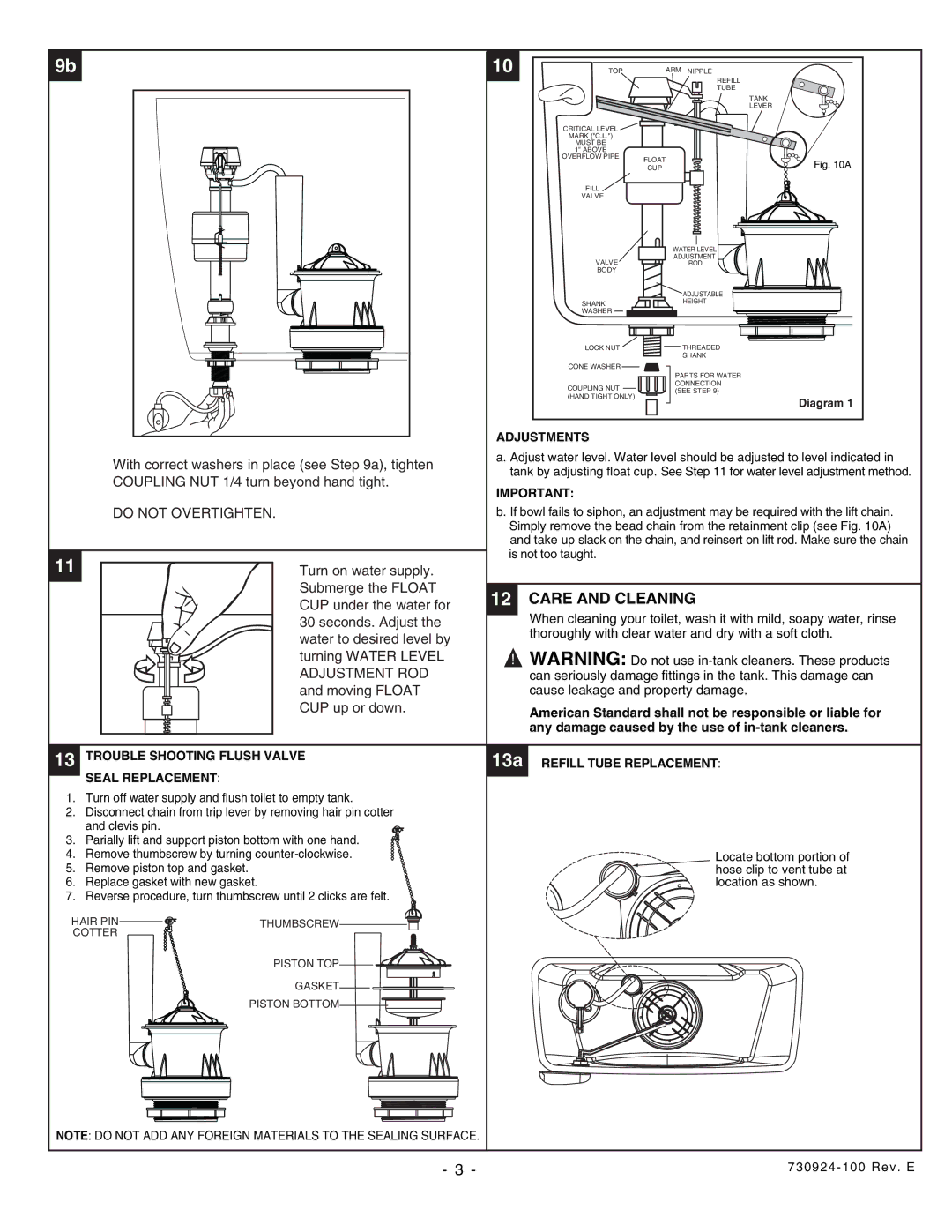 American Standard 2073 installation instructions Care and Cleaning, Do not Overtighten, Adjustment ROD 