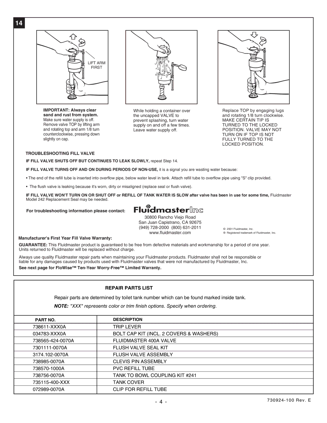 American Standard 2073 Trip Lever, Bolt CAP KIT Incl Covers & Washers, Fluidmaster 400A Valve, Flush Valve Seal KIT 