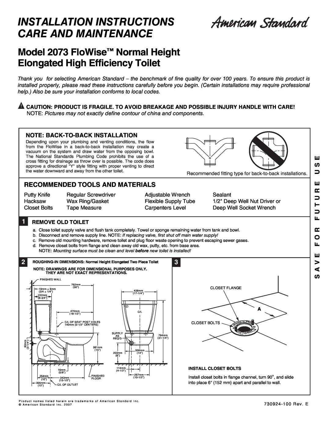 American Standard 2073 installation instructions Note Back-To-Back Installation, Remove Old Toilet 