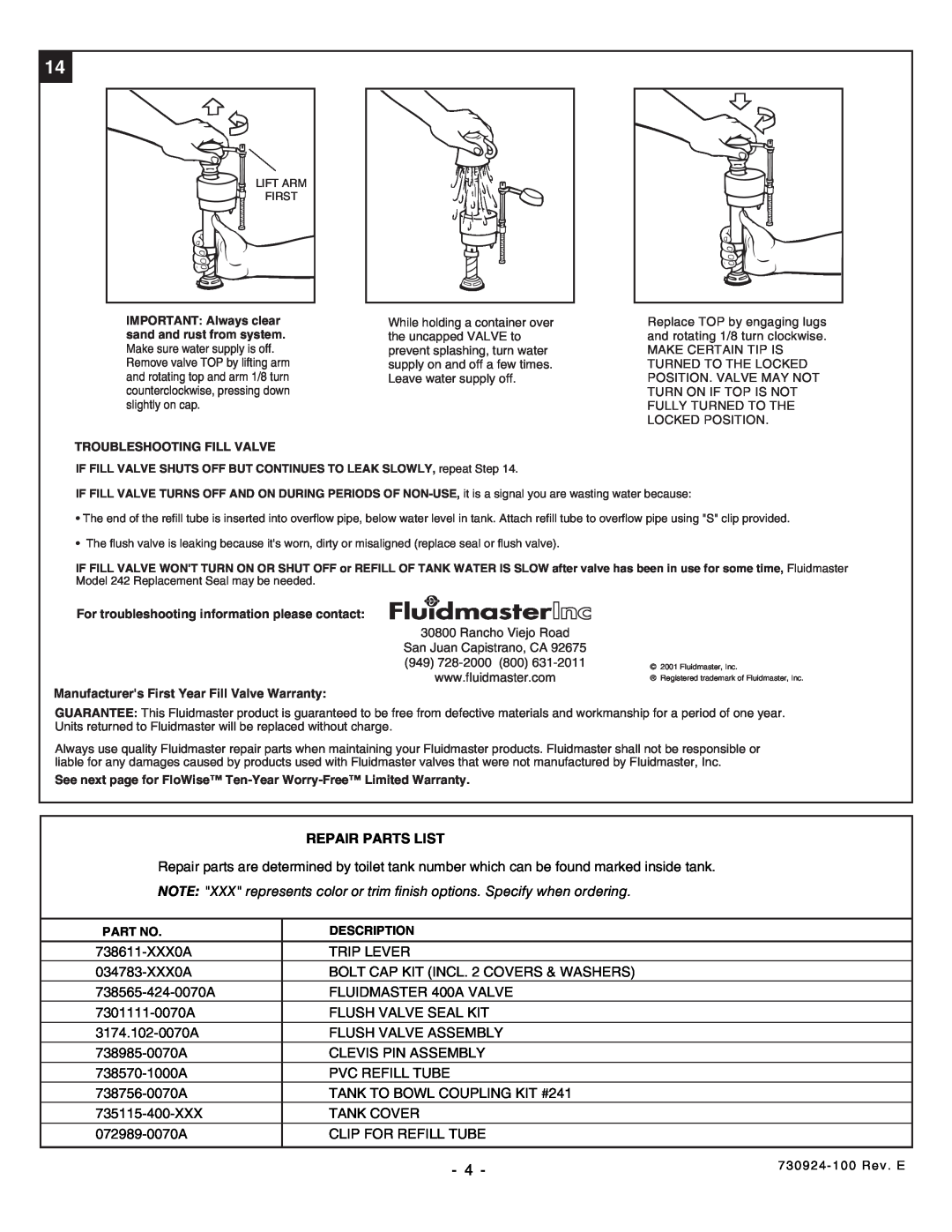 American Standard 2073 installation instructions Repair Parts List 