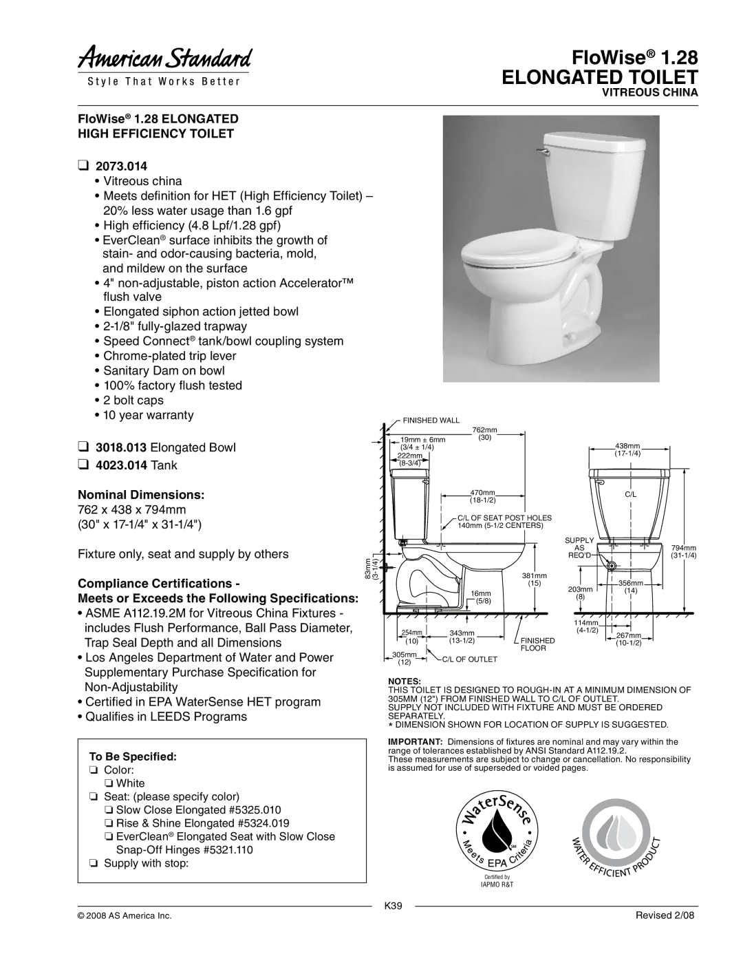 American Standard 2073.014 warranty Elongated Toilet, FloWise 1.28 Elongated high efficiency Toilet 