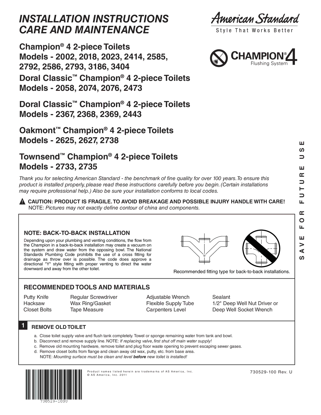 American Standard 2473, 2076, 3186 installation instructions Recommended Tools and Materials, V E F O R F U T U R E U S E 