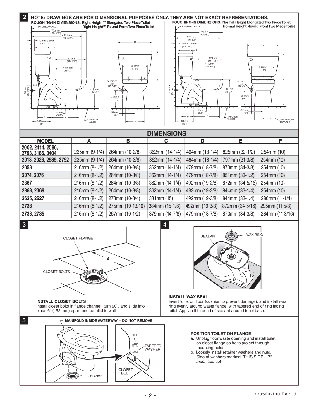 American Standard 3186, 2076, 2473, 2733 Dimensions, Model, Install Closet Bolts Install WAX Seal, Position Toilet on Flange 