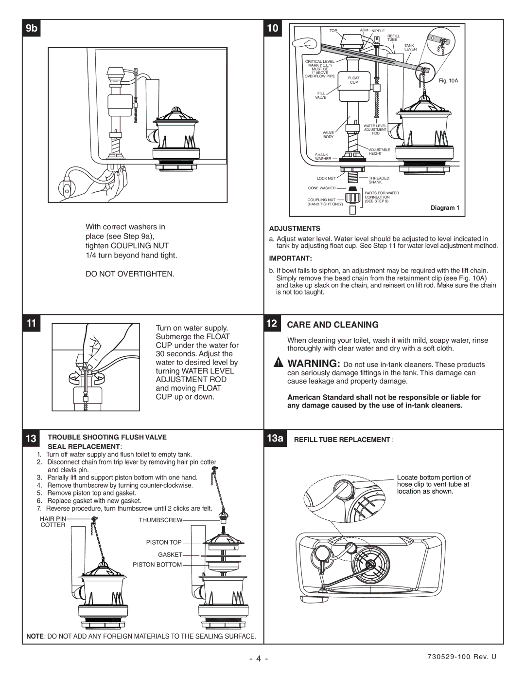 American Standard 2792, 2076, 2473, 3186, 2733, 2586, 2585, 2627, 2625, 2793, 2738, 3404, 2443 Care and Cleaning, Do not Overtighten 