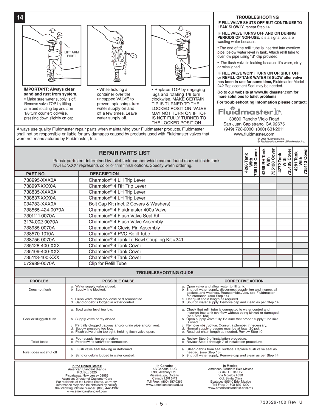 American Standard 2586, 2076, 2473, 3186, 2733, 2792, 2585, 2627, 2625 Repair Parts List, Description, Troubleshooting Guide 